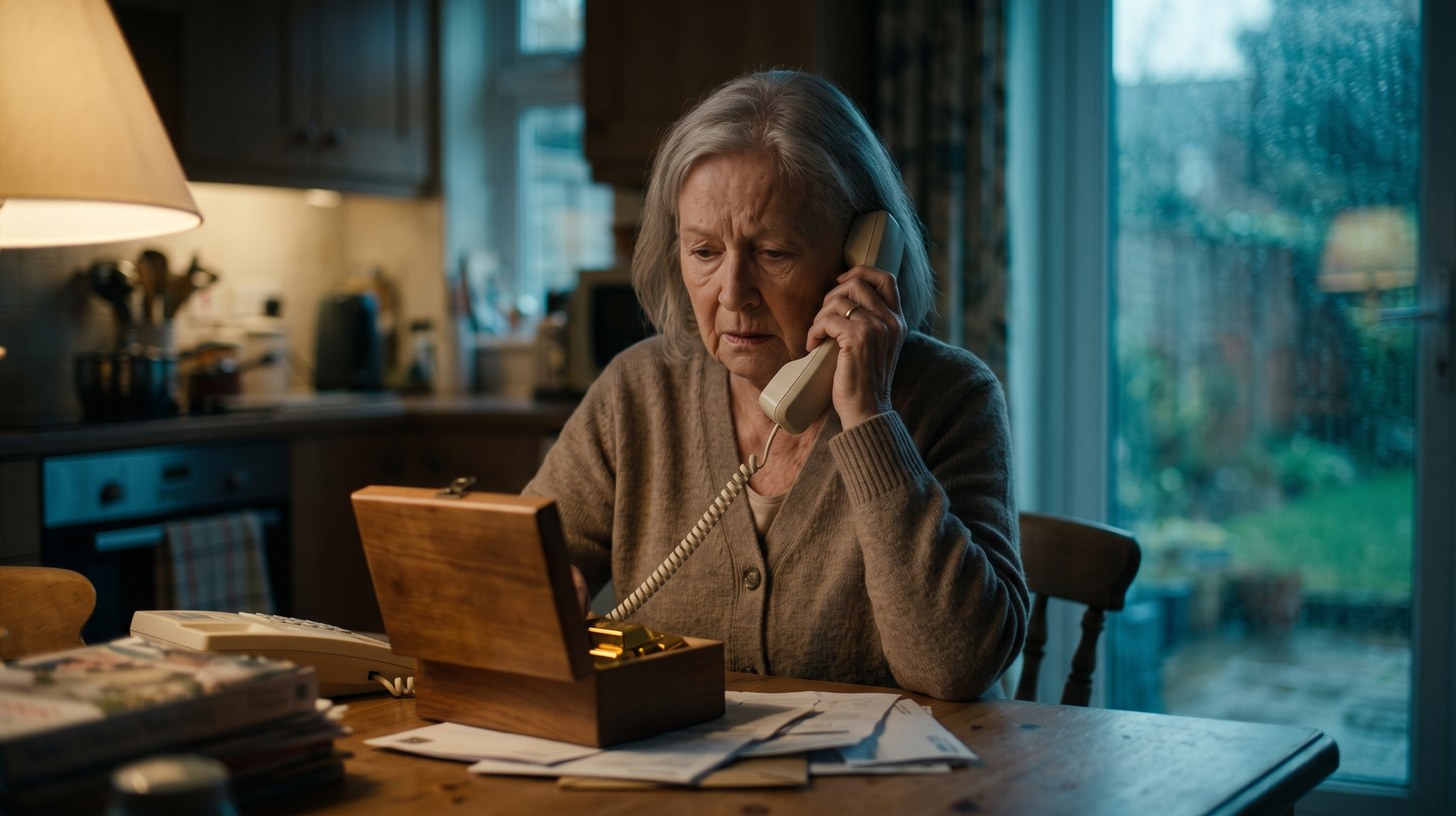 An older woman sits at her kitchen table with a landline phone to her ear, looking down at an open wooden box holding gold bars